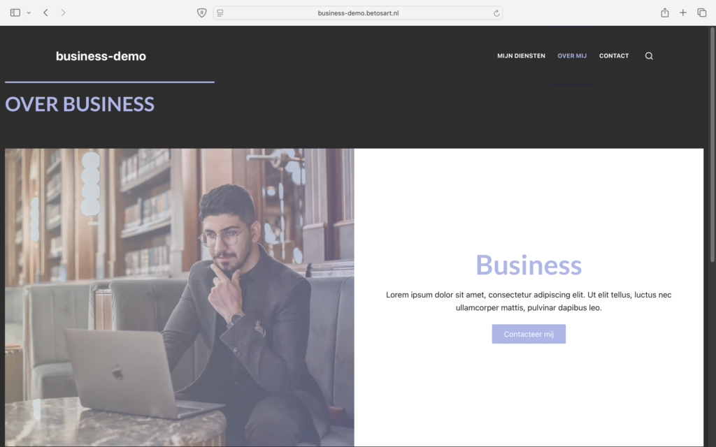 Screenshot van de over ons sectie voor de business website template