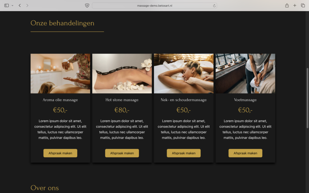 Screenshot van de service sectie voor de wellnes website